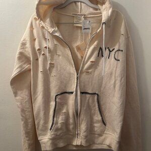 Free People x Tricia Fix Sweet Ivory Long Sleeve Stitch NYC Distress Hoodie NEW